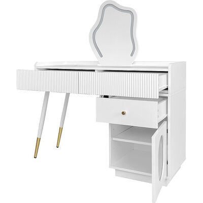 Witte kaptafel met LED-verlichte spiegel, 3 lades, zijkast, modern make-upbureau 100cm - Wit Witte kaptafel met LED-verlichte spiegel, 3 lades, zijkast, modern make-upbureau 100cm - Wit