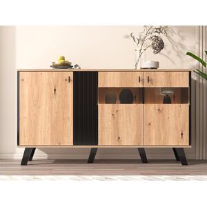 Merax Laag dressoir - Artisan eiken en zwart decor - 3 glazen deuren en spaanplaat - B 140 x H 78 x D 41 cm - Natuurlijk licht Merax Laag dressoir - Artisan eiken en zwart decor - 3 glazen deuren en spaanplaat - B 140 x H 78 x D 41 cm - Natuurlijk licht