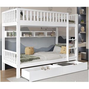 ModernLuxe Houten stapelbed - 90x200 cm - met 2 lades en planken - Wit - Wit ModernLuxe Houten stapelbed - 90x200 cm - met 2 lades en planken - Wit - Wit