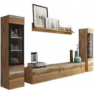 Modern woonkamer meubelset 4-delig – TV-meubel 180 cm, 2 vitrinekasten en plank – woonwand eiken Wotan mat, staand of hangend - Natuurlijk donker Modern woonkamer meubelset 4-delig – TV-meubel 180 cm, 2 vitrinekasten en plank – woonwand eiken Wotan mat, staand of hangend - Natuurlijk donker