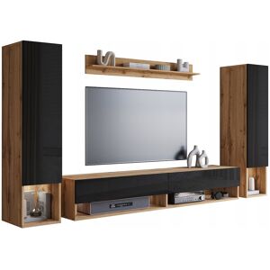 Moderne woonwand – hangende set voor woonkamer met 2 kolommen + TV-meubel 180 cm + plank, corpus wotan eiken mat, fronten zwart hoogglans - Natuurlijk donker Moderne woonwand – hangende set voor woonkamer met 2 kolommen + TV-meubel 180 cm + plank, corpus wotan eiken mat, fronten zwart hoogglans - Natuurlijk donker