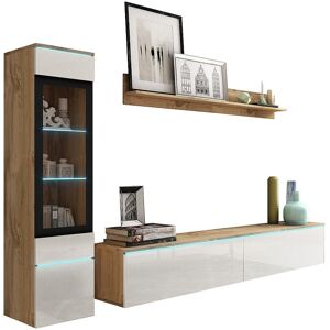 Moderne woonkamer meubelset 3-delig – TV-meubel 180 cm, vitrinekast en plank, corpus eiken Wotan mat, fronten wit hoogglans, staand of hangend - Natuurlijk donker Moderne woonkamer meubelset 3-delig – TV-meubel 180 cm, vitrinekast en plank, corpus eiken Wotan mat, fronten wit hoogglans, staand of hangend - Natuurlijk donker