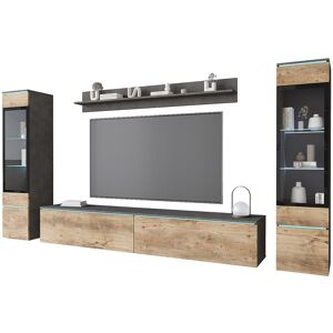 Modern woonkamer meubelset 4-delig TV-meubel 180 cm, 2 vitrinekasten en plank woonwand mat, corpus matera, fronten kastanje, staand of hangend - Veelkleurig Modern woonkamer meubelset 4-delig TV-meubel 180 cm, 2 vitrinekasten en plank woonwand mat, corpus matera, fronten kastanje, staand of hangend - Veelkleurig