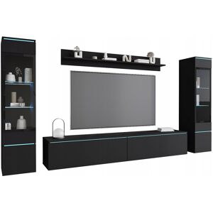 Woonkamer meubelset met LED 4 elementen – TV-meubel 180 cm, 2 vitrines en plank, wandmeubel staand of hangend zwart mat - Zwart Woonkamer meubelset met LED 4 elementen – TV-meubel 180 cm, 2 vitrines en plank, wandmeubel staand of hangend zwart mat - Zwart