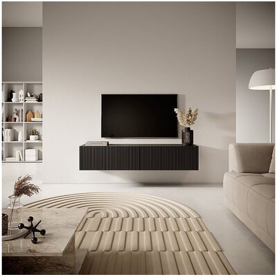 SELSEY Zwarte tv-kast 140 cm met gefreesd front - VELDIO - Zwart SELSEY Zwarte tv-kast 140 cm met gefreesd front - VELDIO - Zwart