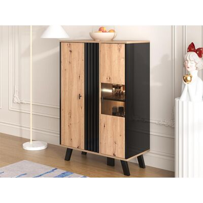 Merax Hoge dressoir met 2 deuren - LED's - Glas- en houteffect - Vintage - Kleuren: eiken en zwart - Natuurlijk licht Merax Hoge dressoir met 2 deuren - LED's - Glas- en houteffect - Vintage - Kleuren: eiken en zwart - Natuurlijk licht