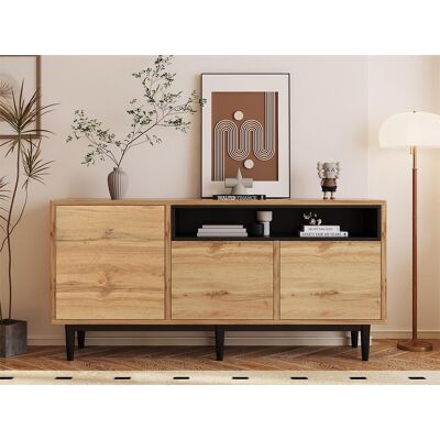 Merax Modern dressoir met 3 deuren en plank - MDF-hout - kleur naturel en zwart - 160 x 35 x 76 cm - Natuurlijk licht Merax Modern dressoir met 3 deuren en plank - MDF-hout - kleur naturel en zwart - 160 x 35 x 76 cm - Natuurlijk licht