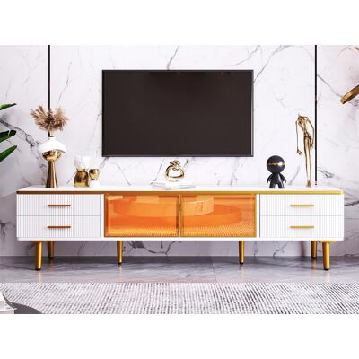 Merax TV-meubel voor woonkamer met 2 deuren en 4 laden - LED's - marmerlook - bruin glas en goud metaal - wit - Bruin Merax TV-meubel voor woonkamer met 2 deuren en 4 laden - LED's - marmerlook - bruin glas en goud metaal - wit - Bruin