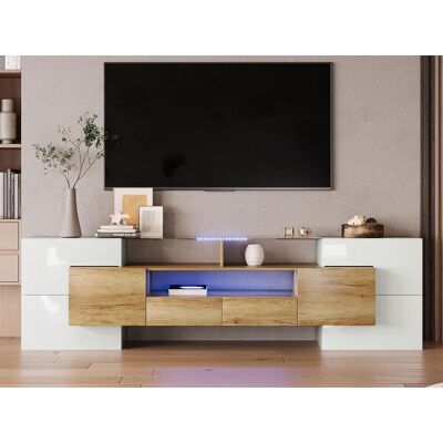 Merax Modern TV-meubel met 4 deuren, 2 lades & 2 nissen - Glanzend witte uitstraling - LED's - Lengte 200cm - Kleur eiken - Natuurlijk licht Merax Modern TV-meubel met 4 deuren, 2 lades & 2 nissen - Glanzend witte uitstraling - LED's - Lengte 200cm - Kleur eiken - Natuurlijk licht