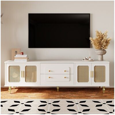 Merax TV-meubel met 4 rotan deuren en 2 lades - 175x38x55,5cm - Spaanplaat - Gouden handgrepen en poten - wit - Wit Merax TV-meubel met 4 rotan deuren en 2 lades - 175x38x55,5cm - Spaanplaat - Gouden handgrepen en poten - wit - Wit