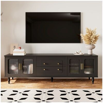 Merax TV-meubel met 4 glazen deuren en 2 lades - 175x38x55,5cm - Spaanplaat - Gouden handgrepen - zwart - Zwart Merax TV-meubel met 4 glazen deuren en 2 lades - 175x38x55,5cm - Spaanplaat - Gouden handgrepen - zwart - Zwart