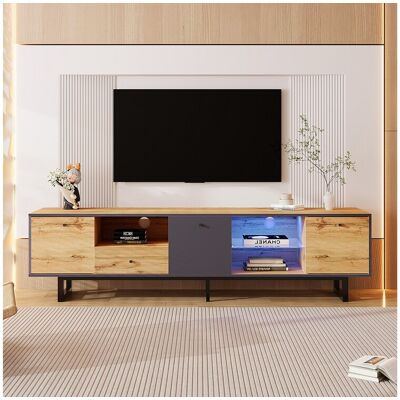 Merax TV-meubel met 3 deuren, 1 lade & 3 nissen - LED's - Spaanplaten en metalen poten - Eiken - Natuurlijk licht Merax TV-meubel met 3 deuren, 1 lade & 3 nissen - LED's - Spaanplaten en metalen poten - Eiken - Natuurlijk licht