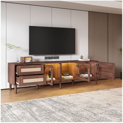 Merax TV-meubel van 180 cm voor 80" televisie met 2 rotan lades, 2 gebogen glazen deuren en 1 rotan deur, LED-verlichting, bruin - Bruin Merax TV-meubel van 180 cm voor 80" televisie met 2 rotan lades, 2 gebogen glazen deuren en 1 rotan deur, LED-verlichting, bruin - Bruin