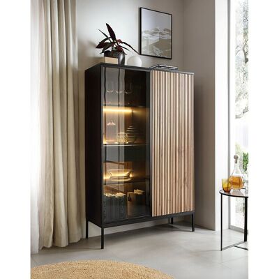 SELSEY Hoge vitrinekast - 2 deuren met lade en LED-verlichting - Zwart/Wotan Eiken - TOSENA - Zwart SELSEY Hoge vitrinekast - 2 deuren met lade en LED-verlichting - Zwart/Wotan Eiken - TOSENA - Zwart