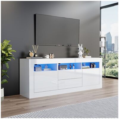 Merax TV-meubel met 3 open vakken, 2 deuren en 2 lades - 160 x 35 x 60 cm - Spaanplaat - LED's - Glanzend wit - Wit Merax TV-meubel met 3 open vakken, 2 deuren en 2 lades - 160 x 35 x 60 cm - Spaanplaat - LED's - Glanzend wit - Wit