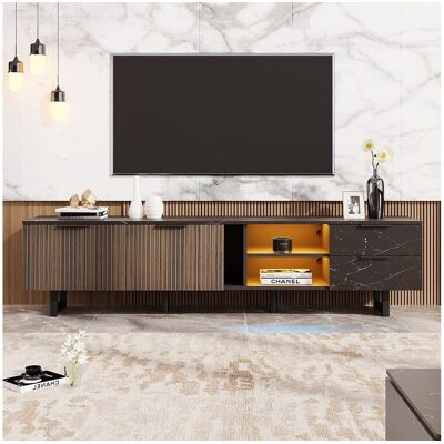 Merax TV-meubel met 2 deuren, 2 laden en 2 nissen - 200 x 38 x 50 cm - LED's - MDF hout - Zwart + hout - Zwart Merax TV-meubel met 2 deuren, 2 laden en 2 nissen - 200 x 38 x 50 cm - LED's - MDF hout - Zwart + hout - Zwart