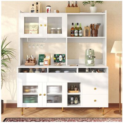 Merax Keukendressoir met 4 glazen deuren, 5 laden en open vak - 145 x 39 x 171 cm - MDF hout - Wit - Wit Merax Keukendressoir met 4 glazen deuren, 5 laden en open vak - 145 x 39 x 171 cm - MDF hout - Wit - Wit