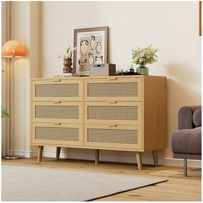 Merax Ladekast met 6 rotan lades - 120 x 40 x 76,5 cm - Spaanplaat + metalen handgrepen - Eiken - Natuurlijk licht Merax Ladekast met 6 rotan lades - 120 x 40 x 76,5 cm - Spaanplaat + metalen handgrepen - Eiken - Natuurlijk licht