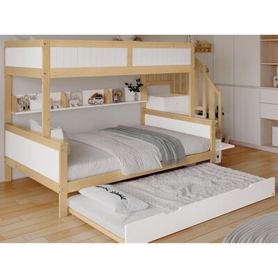 ModernLuxe Stapelbed 90x200cm + 120x200cm + onderschuifbed 90x190cm - met planken, kledingkast en opbergtrap - in grenenhout en MDF - Wit & Naturel - Natuurlijk licht, Wit ModernLuxe Stapelbed 90x200cm + 120x200cm + onderschuifbed 90x190cm - met planken, kledingkast en opbergtrap - in grenenhout en MDF - Wit & Naturel - Natuurlijk licht, Wit