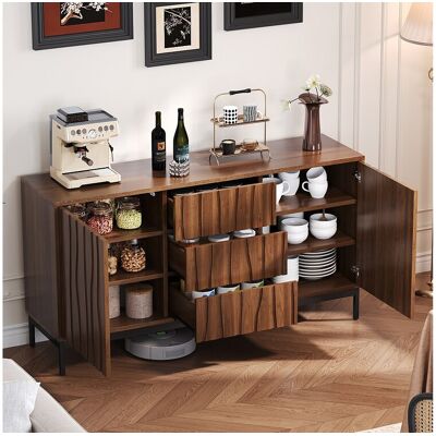 Merax Dressoir met 3 laden en 2 deuren - 150 x 40 x 80 cm - MDF hout - Donker geaderd eiken effect - Bruin - Bruin Merax Dressoir met 3 laden en 2 deuren - 150 x 40 x 80 cm - MDF hout - Donker geaderd eiken effect - Bruin - Bruin
