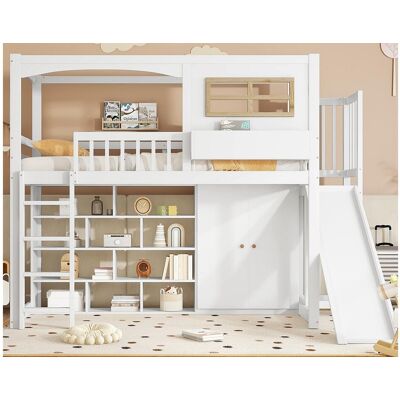 ModernLuxe Hoogslaper van hout en MDF - 90x200 cm - met planken, kledingkast en lade - Wit - Wit ModernLuxe Hoogslaper van hout en MDF - 90x200 cm - met planken, kledingkast en lade - Wit - Wit