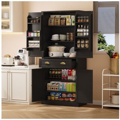 Merax Keuken dressoir met 4 deuren en 1 lade - 80 x 40 x 182 cm - verstelbare planken - MDF hout - Zwart - Zwart Merax Keuken dressoir met 4 deuren en 1 lade - 80 x 40 x 182 cm - verstelbare planken - MDF hout - Zwart - Zwart