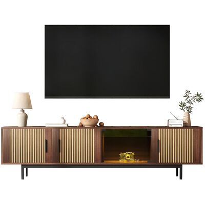Merax TV-meubel met 3 houten deuren en 1 glazen deur - 200 x 35 x 53 cm - LED's - MDF en spaanplaat - Zwart en walnoot - Bruin Merax TV-meubel met 3 houten deuren en 1 glazen deur - 200 x 35 x 53 cm - LED's - MDF en spaanplaat - Zwart en walnoot - Bruin