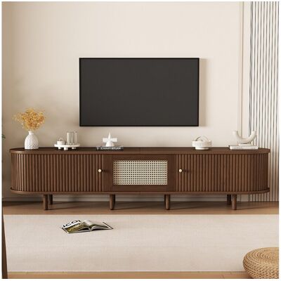 Merax Ovale tv-kast met 2 schuifdeuren en 1 rotan lade - 180 x 40 x 40 cm - MDF hout - Donker notenhout - Bruin Merax Ovale tv-kast met 2 schuifdeuren en 1 rotan lade - 180 x 40 x 40 cm - MDF hout - Donker notenhout - Bruin