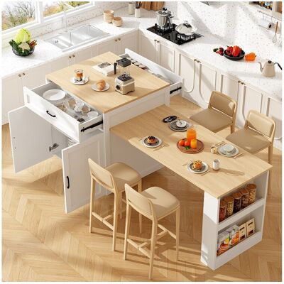 Merax Modern kookeiland (133-202 × 70 × 93,5 cm), 2 lades en 2 compartimenten voor 2-6 personen, MDF, Wit - Wit Merax Modern kookeiland (133-202 × 70 × 93,5 cm), 2 lades en 2 compartimenten voor 2-6 personen, MDF, Wit - Wit