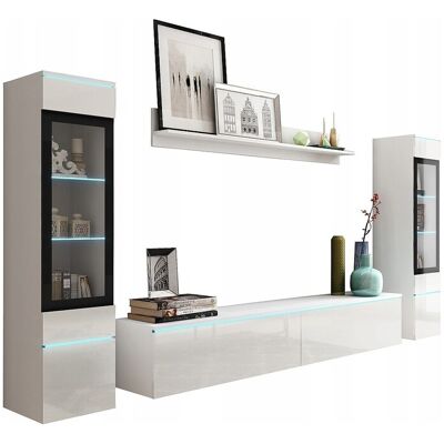 Moderne woonkamer meubelset 4-delig, TV-meubel 180 cm, 2 vitrinekasten en plank, corpus wit mat, fronten wit hoogglans, staand of hangend - Wit Moderne woonkamer meubelset 4-delig, TV-meubel 180 cm, 2 vitrinekasten en plank, corpus wit mat, fronten wit hoogglans, staand of hangend - Wit