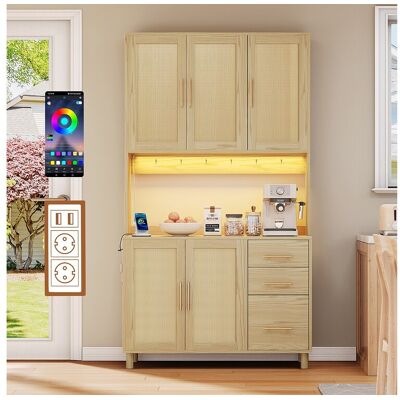 Merax Keuken dressoir met LED's - 100 x 40 x 183 cm - met USB + stopcontacten + verstelbare planken + 3 lades - MDF - naturel - Natuurlijk licht Merax Keuken dressoir met LED's - 100 x 40 x 183 cm - met USB + stopcontacten + verstelbare planken + 3 lades - MDF - naturel - Natuurlijk licht