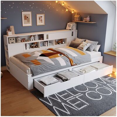 Merax Kinderbed - 90 x 200 cm - met 2 lades + boekenkast + opbergkast - MDF - wit - Wit Merax Kinderbed - 90 x 200 cm - met 2 lades + boekenkast + opbergkast - MDF - wit - Wit