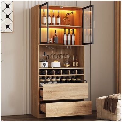 Merax Barkast - 80 x 40 x 180 cm - met 2 glazen deuren + ledverlichting + 2 laden - MDF - naturel - Natuurlijk licht Merax Barkast - 80 x 40 x 180 cm - met 2 glazen deuren + ledverlichting + 2 laden - MDF - naturel - Natuurlijk licht