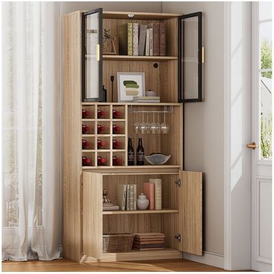 Merax Barkast - 80 x 40 x 180 cm - met 2 glazen deuren + ledverlichting + 2 houten deuren - MDF - naturel - Natuurlijk licht Merax Barkast - 80 x 40 x 180 cm - met 2 glazen deuren + ledverlichting + 2 houten deuren - MDF - naturel - Natuurlijk licht