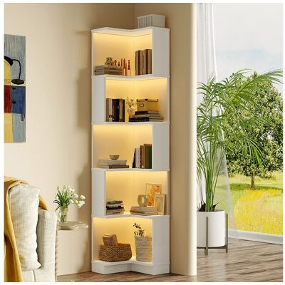 Merax Hoekboekenkast - 63,5 x 45 x 175 cm - met LED's + 5-laags opbergruimte - MDF - wit - Wit Merax Hoekboekenkast - 63,5 x 45 x 175 cm - met LED's + 5-laags opbergruimte - MDF - wit - Wit