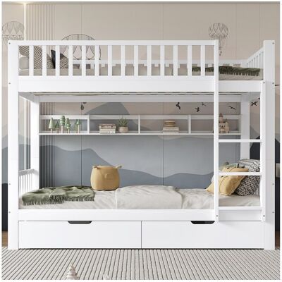 Merax Kinderstapelbed - 2 x 90 x 200 cm - met uitvalbeveiliging + planken + 2 lades - MDF - wit - Wit Merax Kinderstapelbed - 2 x 90 x 200 cm - met uitvalbeveiliging + planken + 2 lades - MDF - wit - Wit