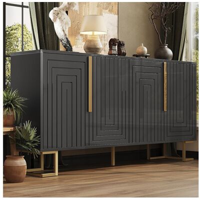 Merax Modern dressoir - 152 x 40 x 75 cm - met 4 deuren + gouden poten - MDF - zwart - Zwart Merax Modern dressoir - 152 x 40 x 75 cm - met 4 deuren + gouden poten - MDF - zwart - Zwart