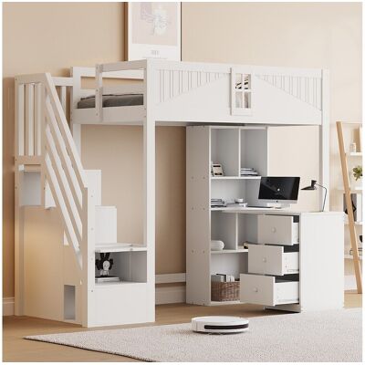 Merax Kinderhoogslaper - 90 x 200 cm - met raam + kledingkast + bureau en 3 lades - hout + MDF - wit - Wit Merax Kinderhoogslaper - 90 x 200 cm - met raam + kledingkast + bureau en 3 lades - hout + MDF - wit - Wit