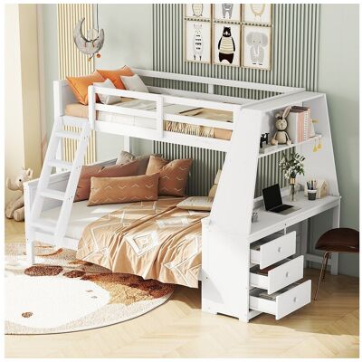Merax Stapelbed 90 x 200 cm + 140 x 200 cm - bureau + 3 lades + plank - MDF hout - wit - Wit Merax Stapelbed 90 x 200 cm + 140 x 200 cm - bureau + 3 lades + plank - MDF hout - wit - Wit