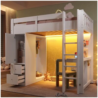 Merax Kinderhoogslaper - 90 x 200 cm - met 4 lades + kledingkast + bureau + LED's en USB - hout + MDF - wit - Wit Merax Kinderhoogslaper - 90 x 200 cm - met 4 lades + kledingkast + bureau + LED's en USB - hout + MDF - wit - Wit