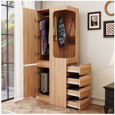 Merax Kledingkast - 70 x 40 x 170 cm - met 4 lades + 2 deuren + open kledingruimte - hout - naturel - Natuurlijk licht Merax Kledingkast - 70 x 40 x 170 cm - met 4 lades + 2 deuren + open kledingruimte - hout - naturel - Natuurlijk licht