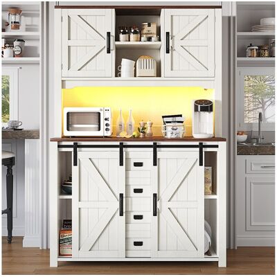 Merax Hoge keukenkast - 115 x 40 x 174,7 cm - met schuifdeuren + lades + LED's - MDF + metaal - wit - Wit Merax Hoge keukenkast - 115 x 40 x 174,7 cm - met schuifdeuren + lades + LED's - MDF + metaal - wit - Wit