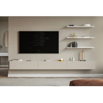 SELSEY Hangend TV-meubel met geribbelde fronten – 300 cm – grijsbeige – VELDIO - Taupe SELSEY Hangend TV-meubel met geribbelde fronten – 300 cm – grijsbeige – VELDIO - Taupe