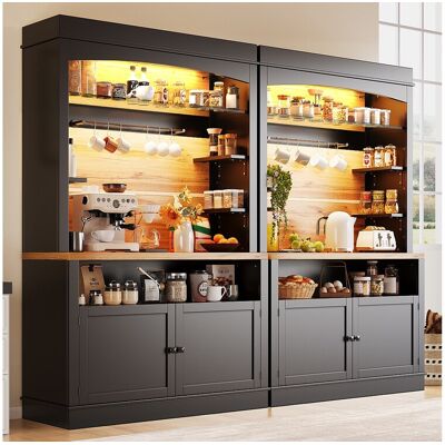 Merax Hoge keukenkast - 2 x 107 x 43 x 184 cm - met 2 deuren + LED's + open plank - MDF + metaal - zwart - Zwart Merax Hoge keukenkast - 2 x 107 x 43 x 184 cm - met 2 deuren + LED's + open plank - MDF + metaal - zwart - Zwart