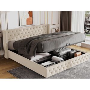 Merax Opbergbed 180 x 200 cm, tweepersoonsbed bekleed met fluweel, decor met klinknagels en knopen, lattenbodem, Chesterfield-stijl, beige - Beige Merax Opbergbed 180 x 200 cm, tweepersoonsbed bekleed met fluweel, decor met klinknagels en knopen, lattenbodem, Chesterfield-stijl, beige - Beige