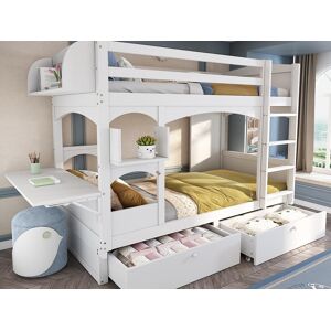 ModernLuxe Stapelbed in hout en MDF - 90x200 cm - met 2 lades en opklapbaar bureau - Wit (zonder matras) - Wit ModernLuxe Stapelbed in hout en MDF - 90x200 cm - met 2 lades en opklapbaar bureau - Wit (zonder matras) - Wit
