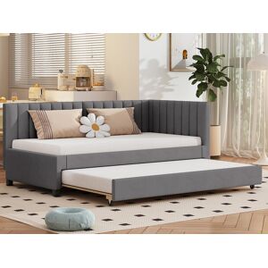 ModernLuxe Eenpersoonsbed 90x200 cm met onderschuifbed - bekleed met fluweel met lattenbodem - Grijs - Grijs ModernLuxe Eenpersoonsbed 90x200 cm met onderschuifbed - bekleed met fluweel met lattenbodem - Grijs - Grijs
