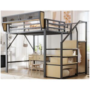 ModernLuxe Hoogslaper 140×200 cm - met ladder - modulaire opbergruimte - metaal - zwart (zonder matras) - Zwart ModernLuxe Hoogslaper 140×200 cm - met ladder - modulaire opbergruimte - metaal - zwart (zonder matras) - Zwart
