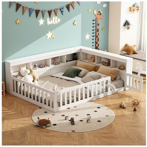 Merax Kinder tweepersoonsbed - 140 x 200 cm - nachtkastje met opbergruimte + stopcontact + USB - met lattenbodem - spaanplaat - wit - Wit Merax Kinder tweepersoonsbed - 140 x 200 cm - nachtkastje met opbergruimte + stopcontact + USB - met lattenbodem - spaanplaat - wit - Wit