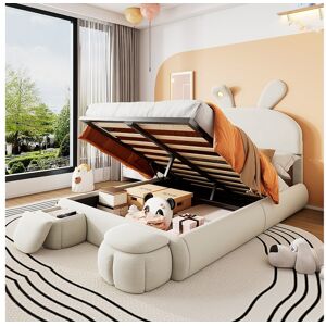 Eenpersoonsbed 140x200 cm - Kinderbed met twee opbergbanken en warme lichtstrip - beige fluweel - zonder matras - Beige Eenpersoonsbed 140x200 cm - Kinderbed met twee opbergbanken en warme lichtstrip - beige fluweel - zonder matras - Beige